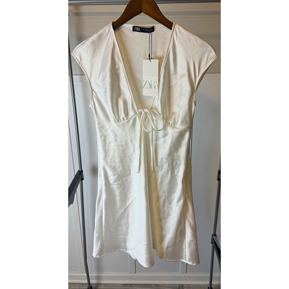 ZARA NWT Women’s Small Ivory Satin Mini Dress Deep V Neck Front Tie Bridal